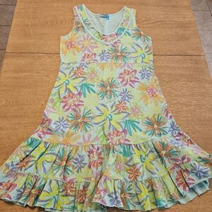 Fresh Produce Dress Sleeveless Midi Tropical Ruffle Size Medium Green Blue Pink